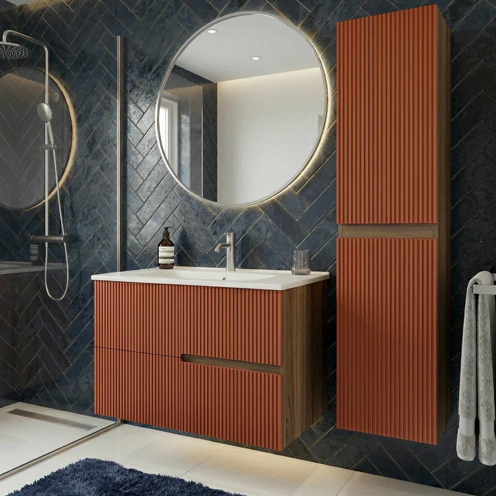 SANIVERRE Ensemble Meuble Simple Vasque L.80cm + 1 Colonne à Suspendre Chêne Moka 2 tiroirs Brique cannelé Collection Salle de Bain EVA