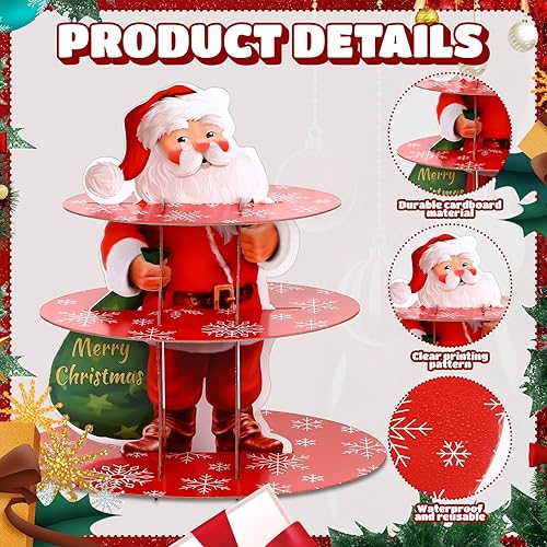 Miniatura 3 de Censen Decoración de soporte para cupcakes de Navidad, soporte de 3 niveles para pasteles de Papá Noel, soporte para postres de Navidad, torre de