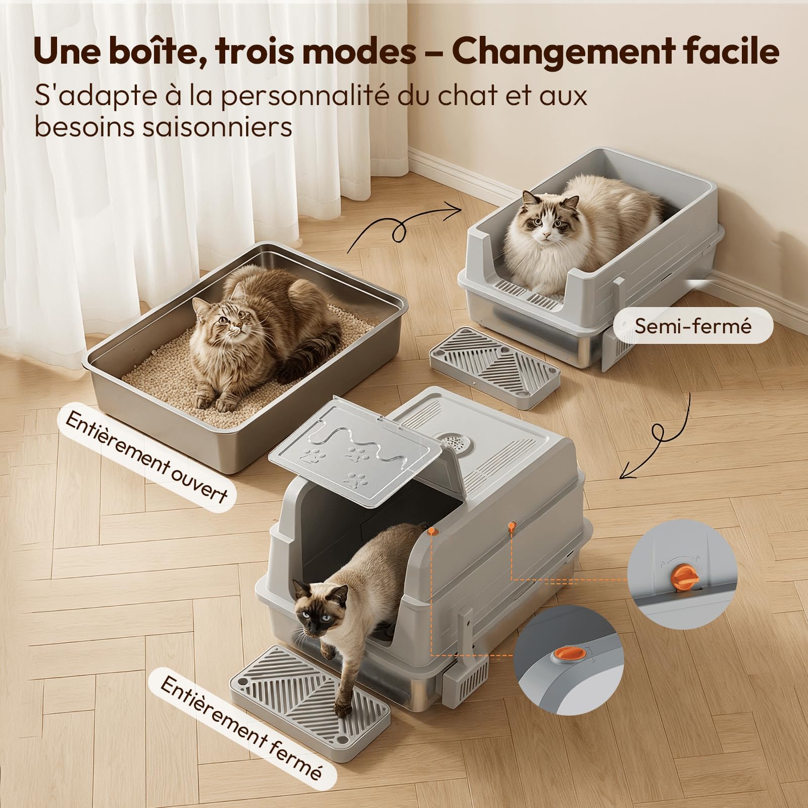 JUMMICO 120L bac à litière pour Chat XXXL, bac litière pour Chat en Acier Inoxydable 3 en 1 (Ouvert/Semi-fermé/fermé) avec Couvercle Rabattable 150°, Anti-Rayures et Anti-fuites, Plateau Anti-Sable