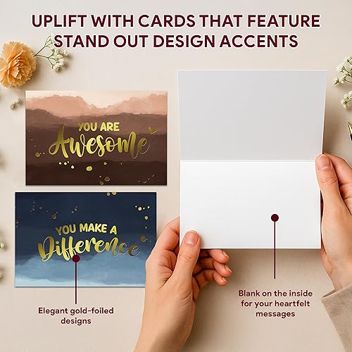 Decorably 50 Pack Gold Foiled 6x4in Employee Appreciation Cards with Envelopes and Stickers, 10 Designs Folded Employee Thank You Cards for Employees, Blank Inside - Promotion, Work Anniversary