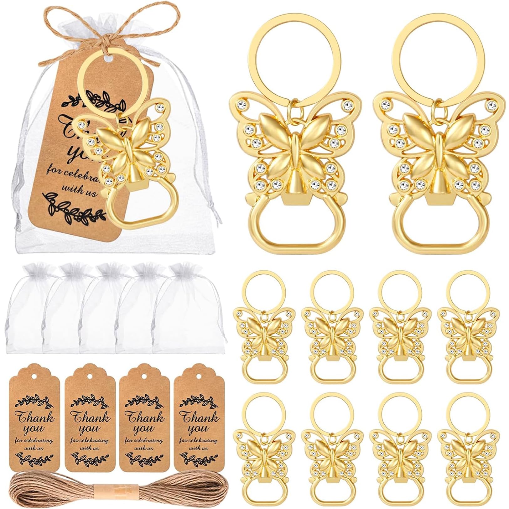 Schmetterlings-Flaschenöffner, Schlüsselanhänger, Geburtstag, Party, Gastgeschenke, Hochzeit, Brautparty, Babyparty, Souvenirs für Gäste, Gold-Bierflaschenöffner mit Dankeskarte, Taschen (50 Stück)