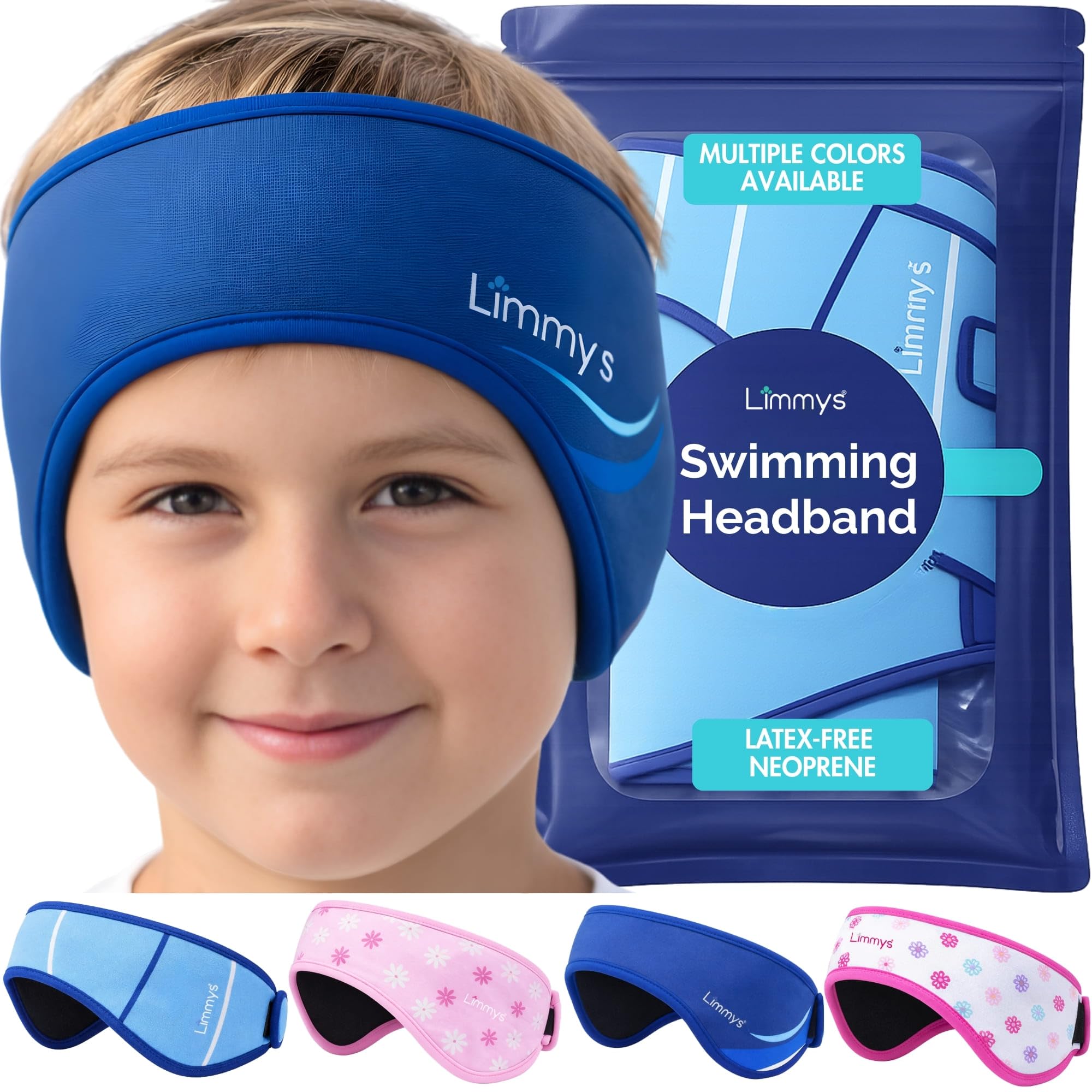 Limmys Swimming Headband for Kids & Adults - Doctor-Inspired Ear Protection, Reinforced Elastic Neoprene Band, Latex-Free Child-Safe Materials, Holds Earplugs Securely (Dark Blue, M (2-8 Years))
