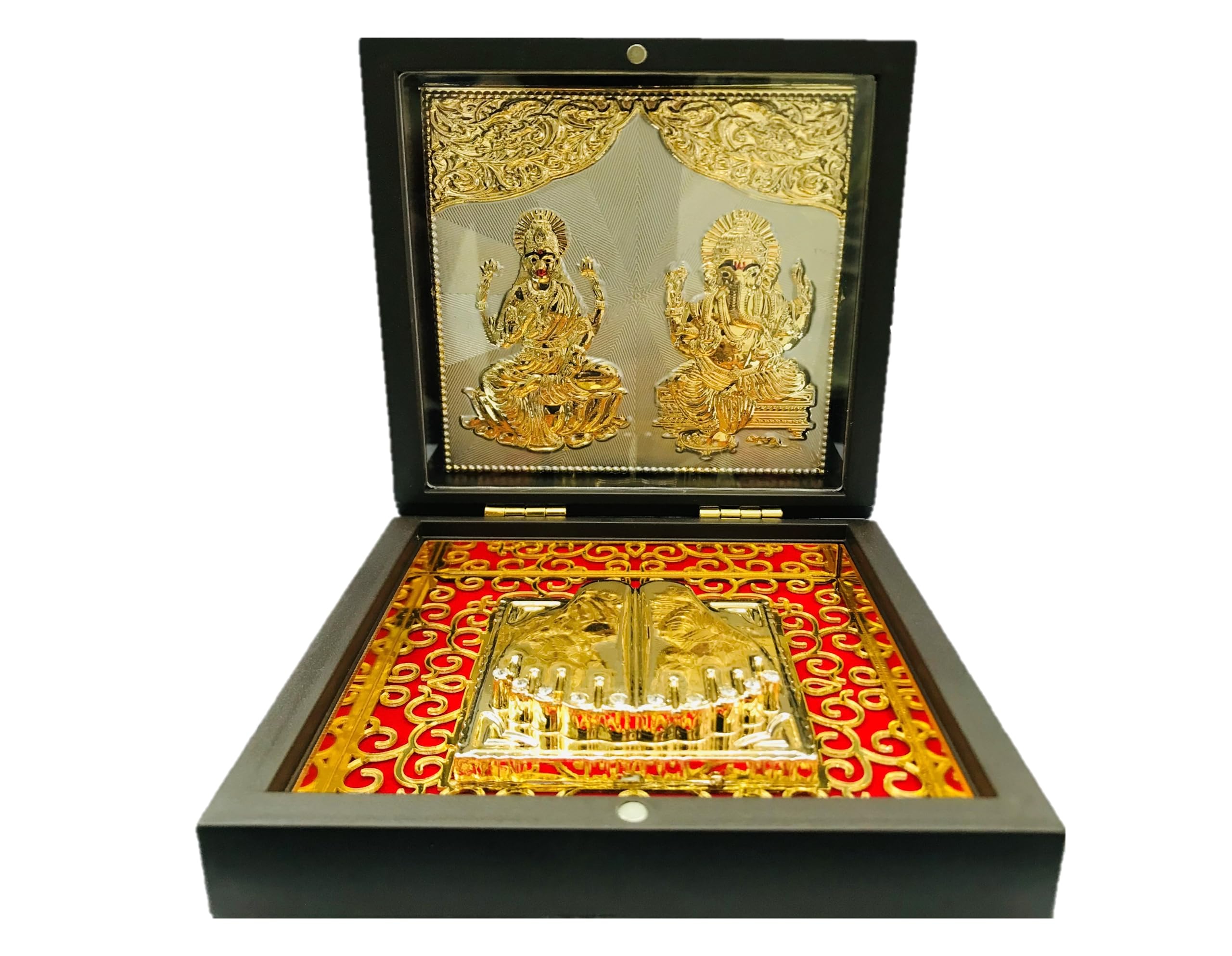 24k Gold Plated Shree Lakshmi Ganesh Pooja Box – Premium Gold Sheet in Acrylic Box | Wedding, Corporate & Return Gift | 1 Unit (11.5 × 11.5 CM / 4.5 × 4.5 Inch)