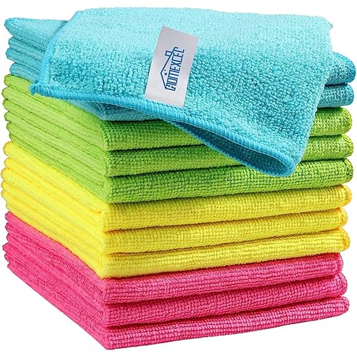 HOMEXCEL Microfiber Cleaning Cloth,12 Pack Cleaning Rags, Cleaning Towels with 4 Color Assorted, 11.5"X11.5"(Green/Blue/Yellow/Pink)