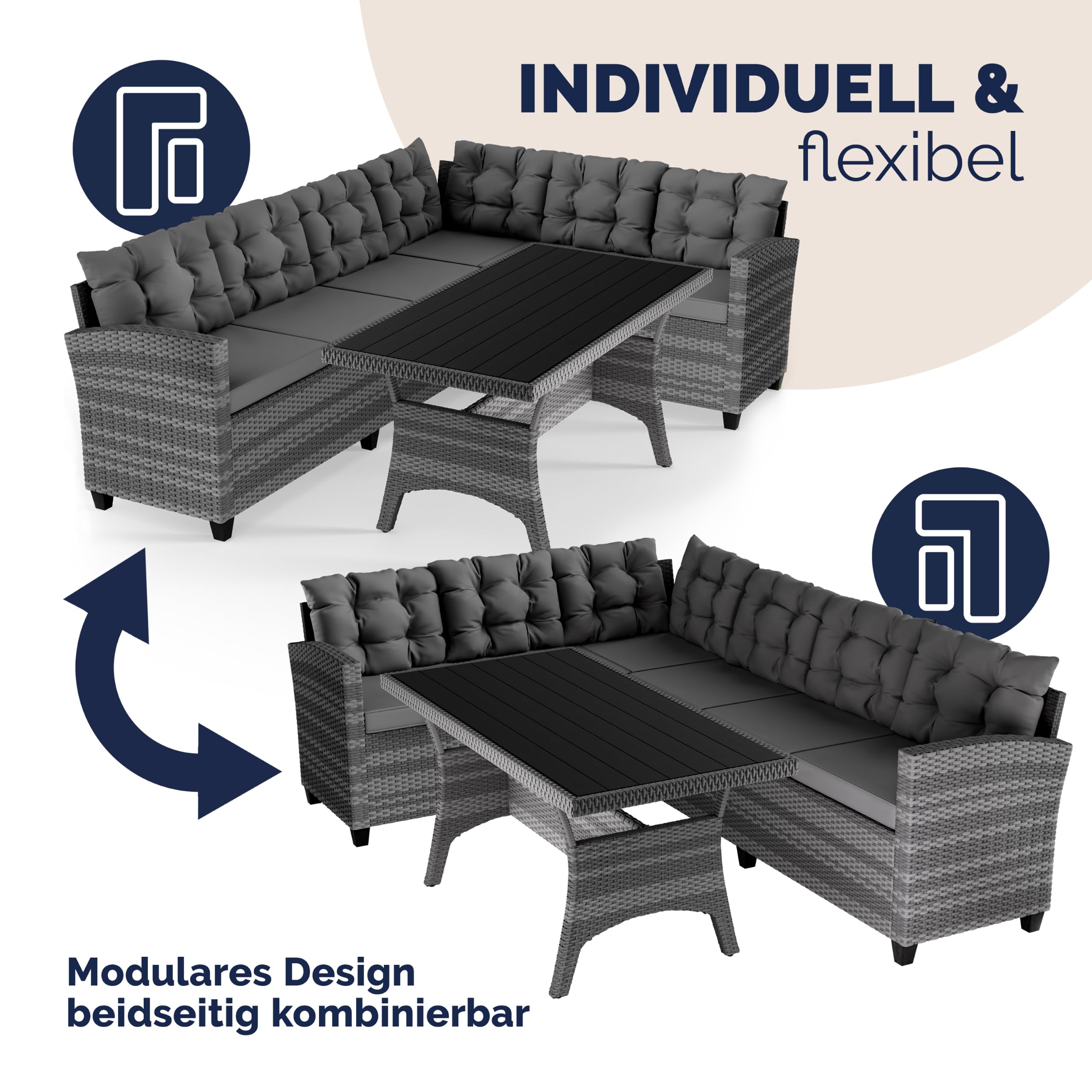 Casaria® Polyrattan Ecklounge Set WPC Esstisch Ecksofa inkl. 7 cm Sitzauflagen 15 cm Kissen Wetterfest Outdoor Lounge Garten Terrasse Balkon Möbel Grau