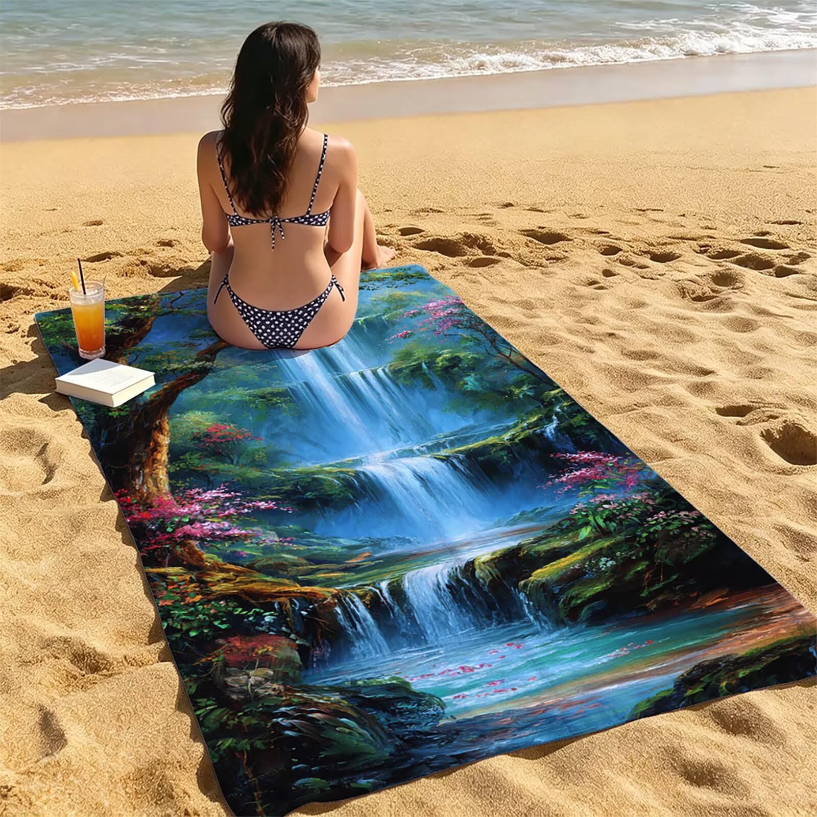 Toalla Playa Cascada, Toalla Playa Grande 220x100 cm Suave Cómodo y Absorbente para Vacaciones Imprescindibles para Viajar, Toallas Gimnasio para Yoga Gym Spa Sauna Baños Regalo Mujere áRbol LSTJ-2693