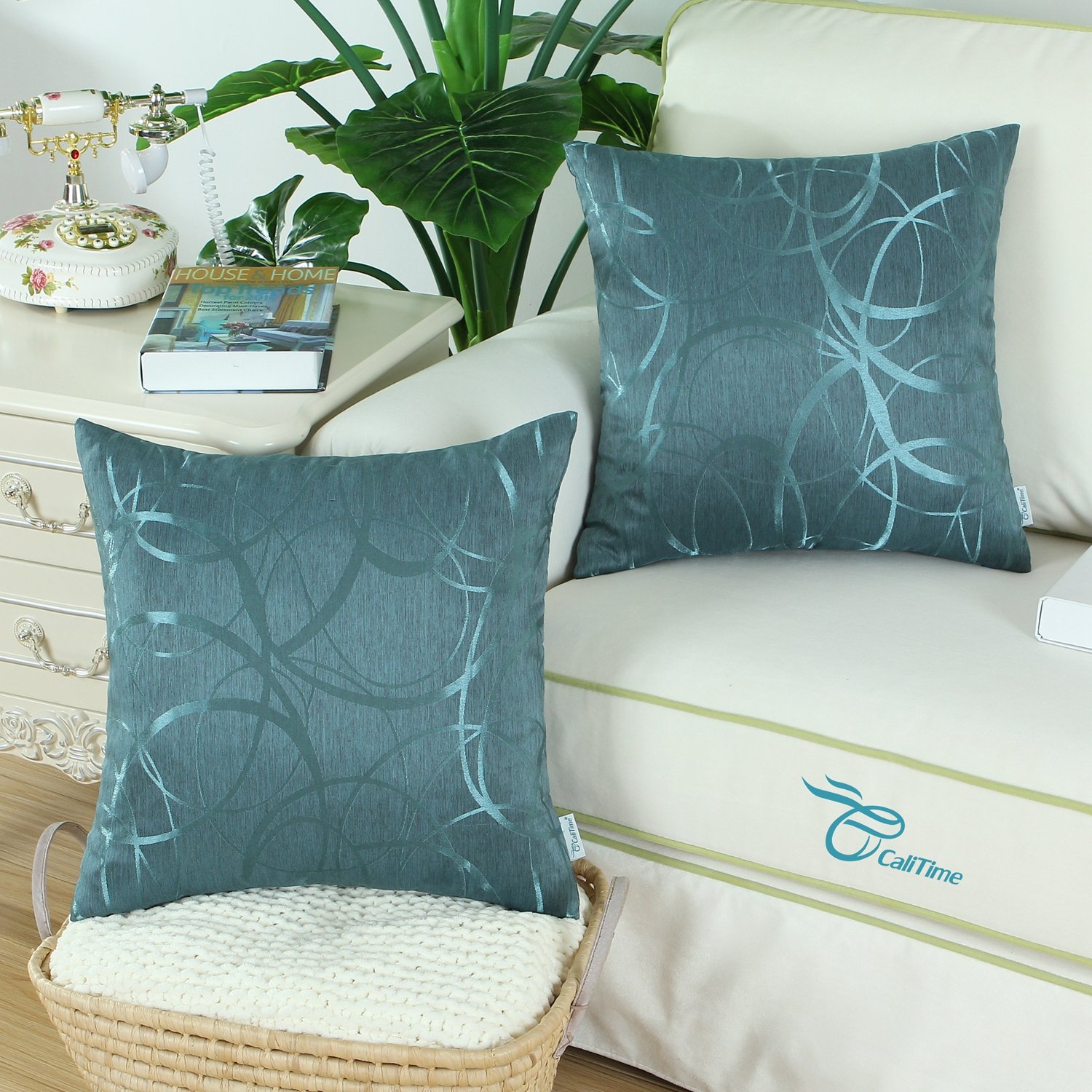 CaliTime Cushion Covers Pack of 2 Throw Pillow Cases Shells for Couch Sofa Home Decor Modern Shining & Dull Contrast Circles Rings Geometric 55cm x 55cm Teal - Image 2