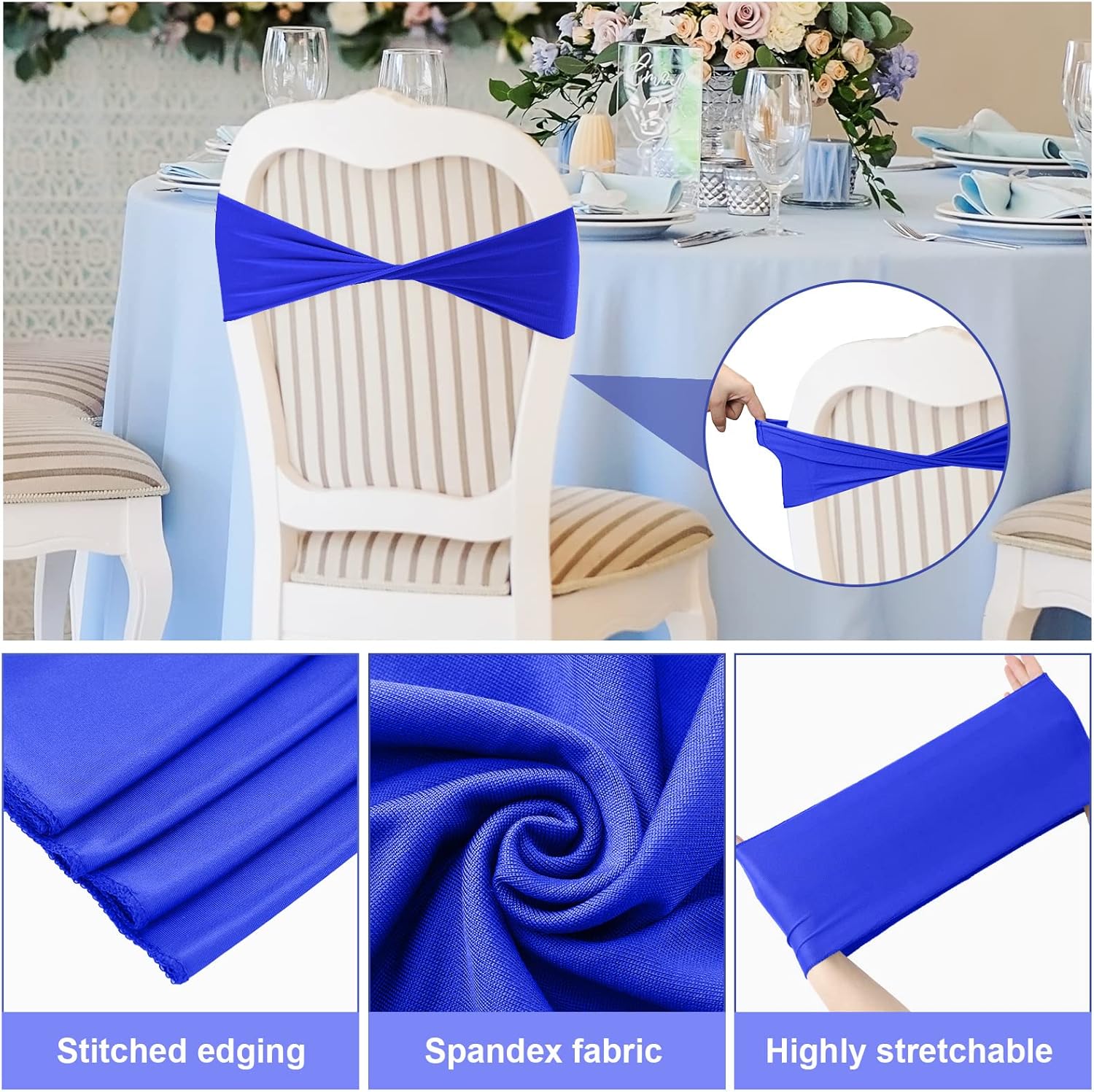 Frienda 120 Pieces Spandex Stretch Chair Sashes Bows, Elastic Chair Cover Bands Ties Without Buckle for Wedding Reception Events Universal Ceremony Banquet Decorations (Royal Blue)