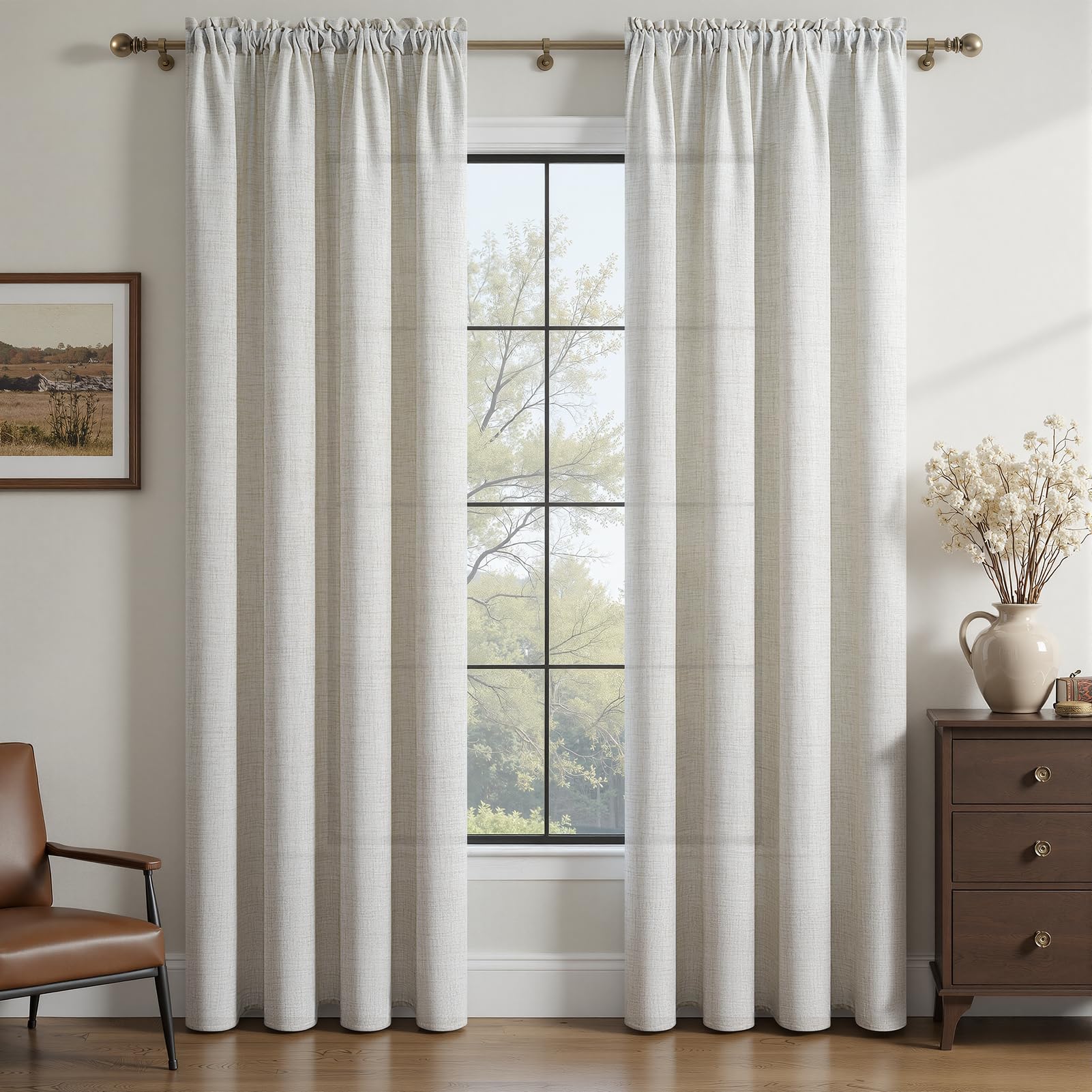 MRTREES Beige Linen Voile Rod Pocket Curtains 90 Drop Pair, Semi Sheer Net Privacy Curtains for Bedroom and Living Room, 2 Panels Semi-Transparent Window Treatments 140x228 CM 55x90 Inch Beige