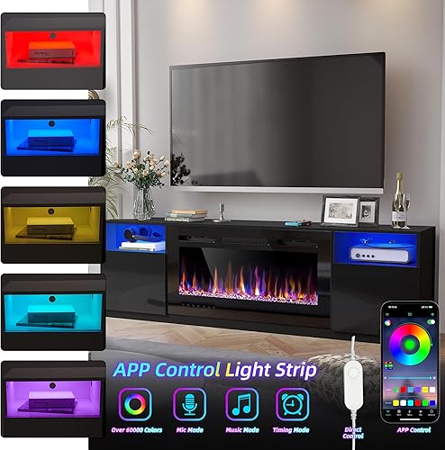 Miniatura 3 de Spurgehom Soporte de TV con chimenea de 70 pulgadas para televisores de hasta 80 pulgadas con chimenea eléctrica de 36 pulgadas, consola de TV para