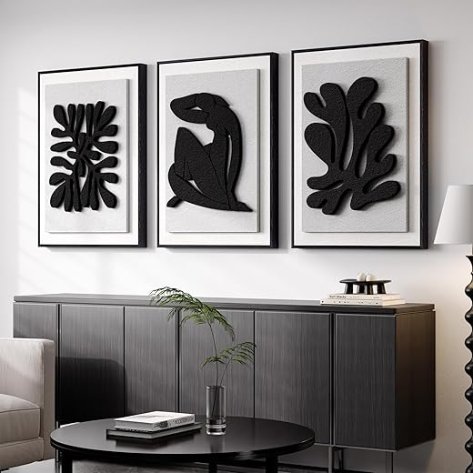 Large 3D Textured Framed Black and White Abstract Wall Art for Living Room, 3 Piece Modern Artwork for Walls, Minimalist Wall Paintings for Hallway, Staircase, Office Wall Decor, 24x36 Inch