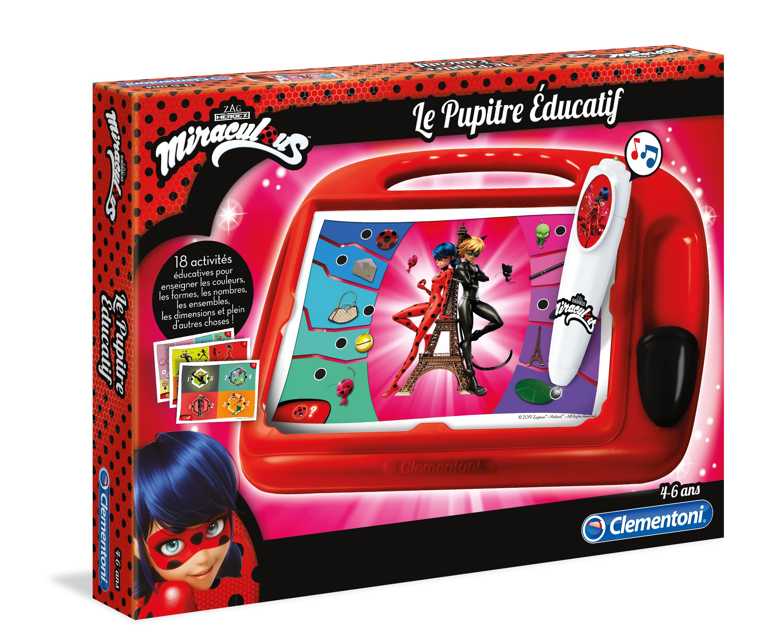 Clementoni - 52355 - Miraculous - Le Pupitre Educatif - Jeu pour Enfants de 4 à 6 Ans - avec Stylo Interactif et 18 Activités développant Chiffres, Lettres, Formes, Couleurs, Etc.