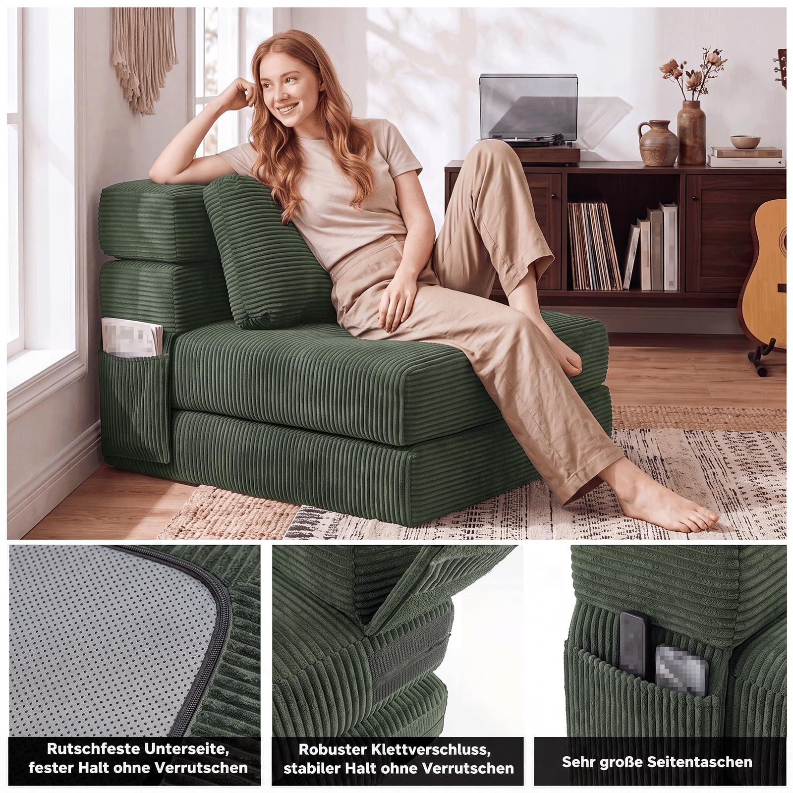 Fabulcozy Wandelbares Sofa 4 in 1, klappbarer Sessel mit Seitentasche, Komfortschaum, Cordbezug, Kissen und Kopfstütze, für Wohnzimmer oder kleine Räume,Grün