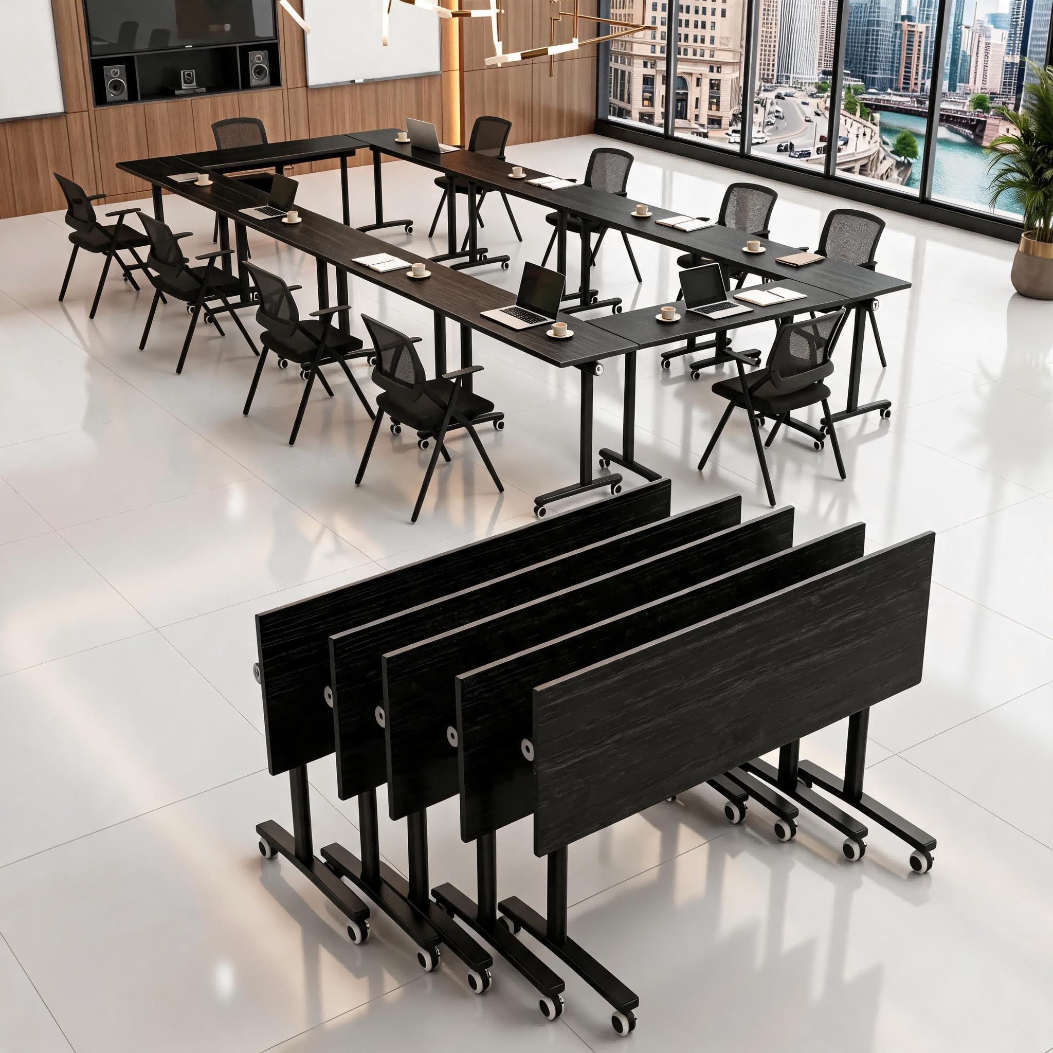 Folding Conference Table with Wheels, Mobile Flip-Top Training Table, Modular Space-Saving Meeting Table for Office, Classroom, Seminar, Library (4, Black, 47IN)