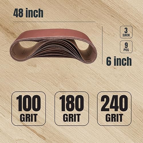 Miniatura 2 de POWERTEC Correas de lijado de 6 x 48 pulgadas, 9 unidades, 3 de cada uno de granos 100180240, lijadora de banda de óxido de aluminio, surtido de