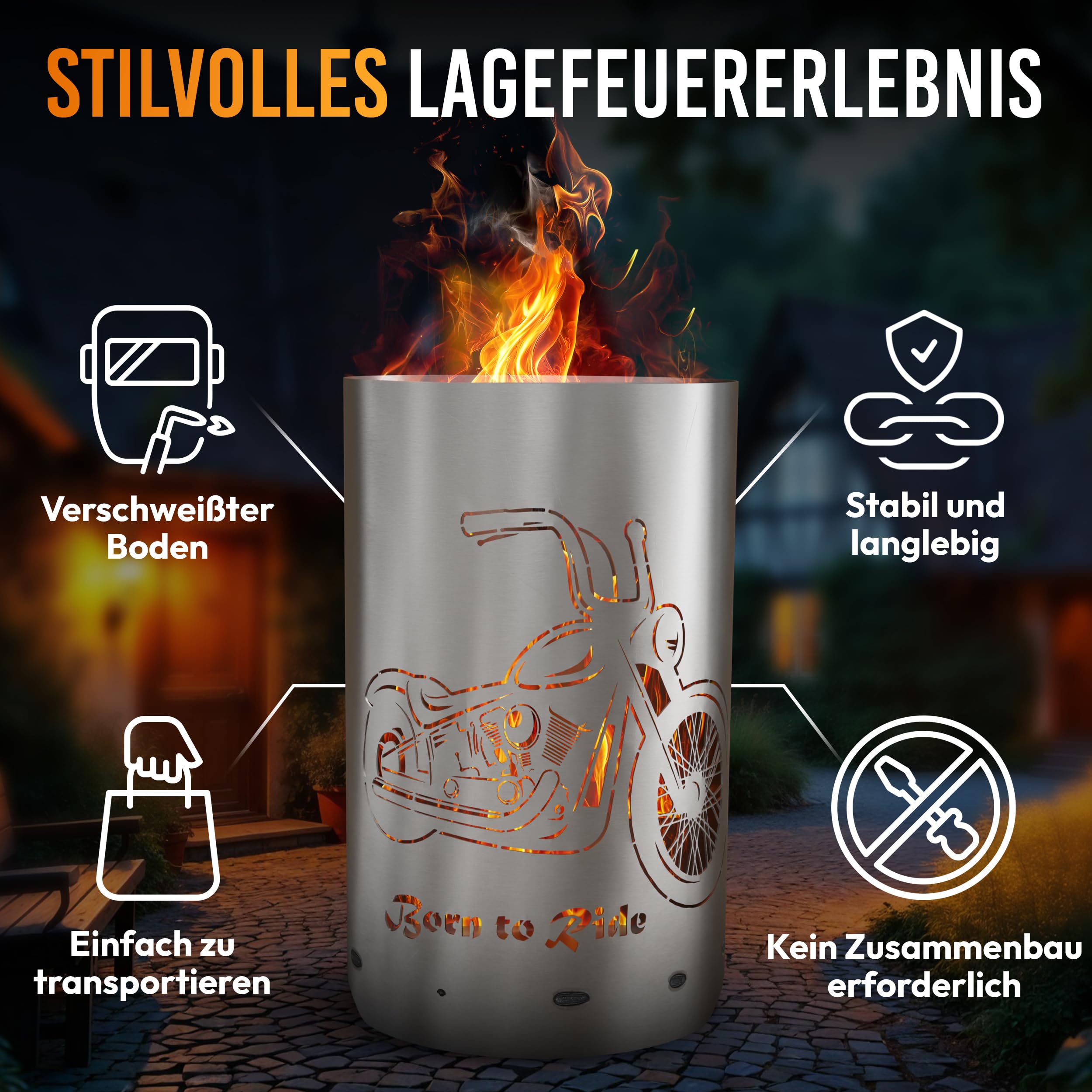 TiKo-Design® Feuertonne Feuerkorb mit Born to Ride Chopper Motiv