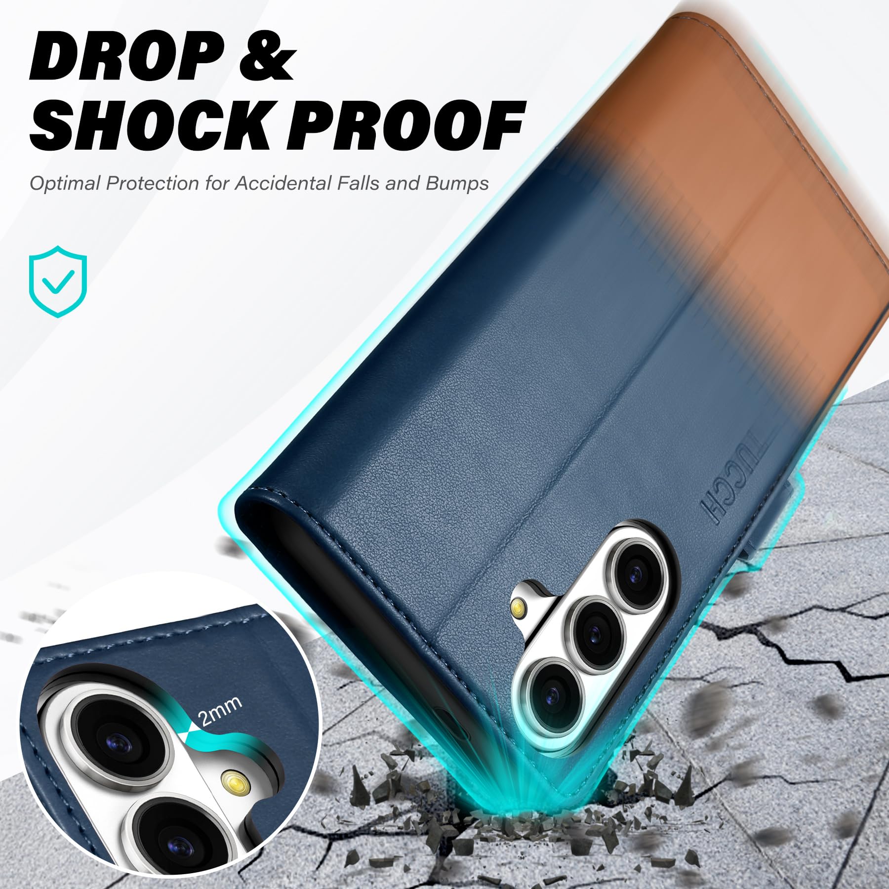 TUCCH Funda Cartera para Galaxy S26 5G, Funda Cubierta Cuero PU con Bloqueo RFID, Protección contra Caída, Ranura para Tarjeta, Carcasa Magnética Compatible con Galaxy S26 (6,3" 2026), Azul & Marrón
