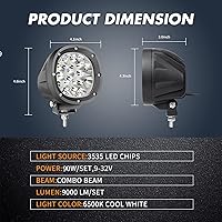 Vista 2 de YCHOW-TECH 2 unidades de 4 pulgadas de luces LED antiniebla de 90 W, barra de luz LED redonda blanca todoterreno, haz amplio, luces LED todoterreno