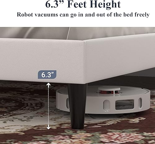 Miniatura 5 de Allewie Base de cama matrimonial con cabecera ajustable con botones cosidos de diamante, tapizada de piel sintética con listones de madera de fácil