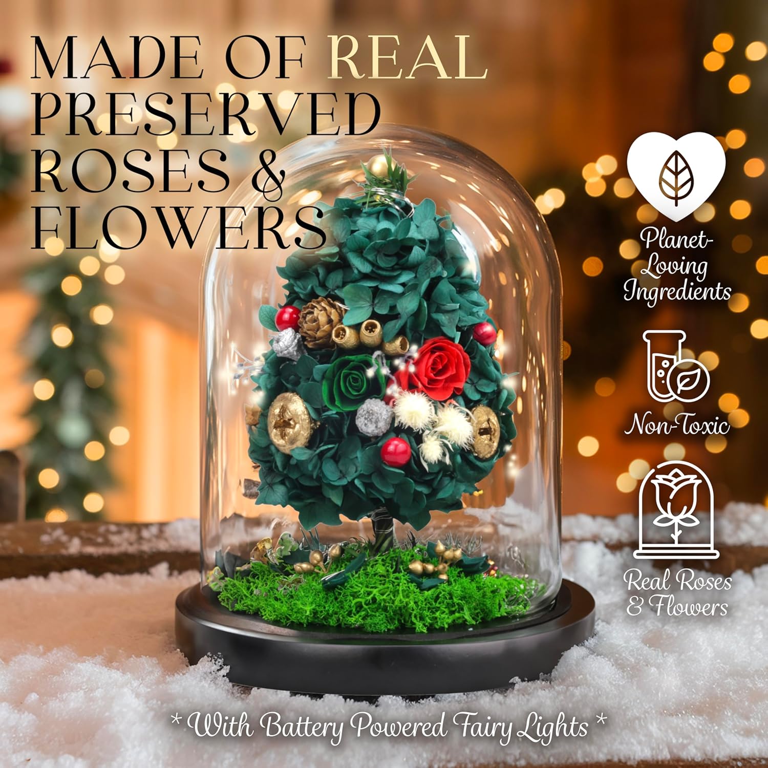 GLAMOUR BOUTIQUE Mini Christmas Tree Preserved Flower in Glass Dome w/Light - Flowers Forever Christmas Table Decor, Long Lasting Eternal Flowers Box & Bow, Unique Gift, Classic Green (Color-Treated)