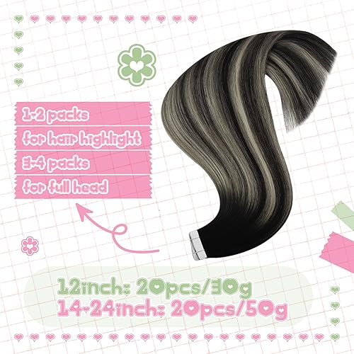 Miniatura 4 de YoungSee Extensiones de cabello con cinta color negro, degradado, gris, plateado, balayage, extensiones de cabello humano real, color negro, sin