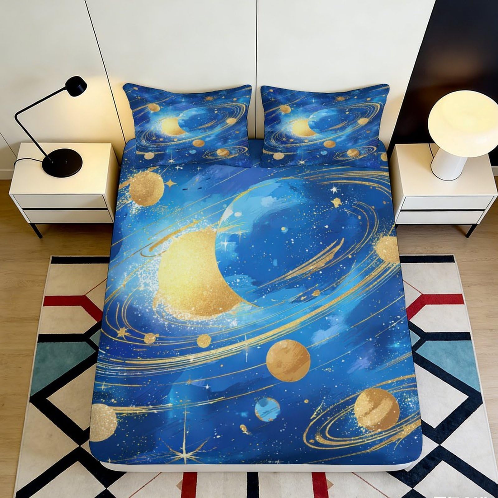 3D Printed Galaxy Starry Sky Fitted Sheet Microfiber Blue Cosmic Nebula Mattress Cover Anti-Slip Machine Washable Bedroom Decor 180x200x25cm