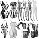 selizo Fishnet Lingerie Dress for Women, Black Fish Net Bodysuit Sexy Chemise Teddy Naughty Women's Mesh Lace Body Stockings