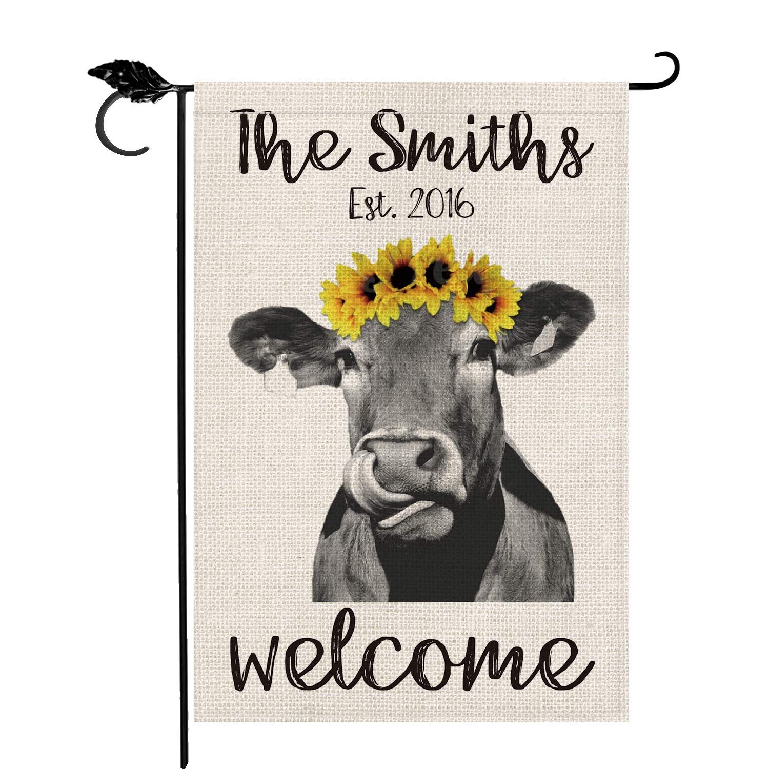 SMILE Personalized Welcome Cow with Flower Garden Flag, Customized Family Last Name And Established Year, Double Sided 12 x 18 Inch Rustic Farmhouse Burlap Yard Outdoor Decoration