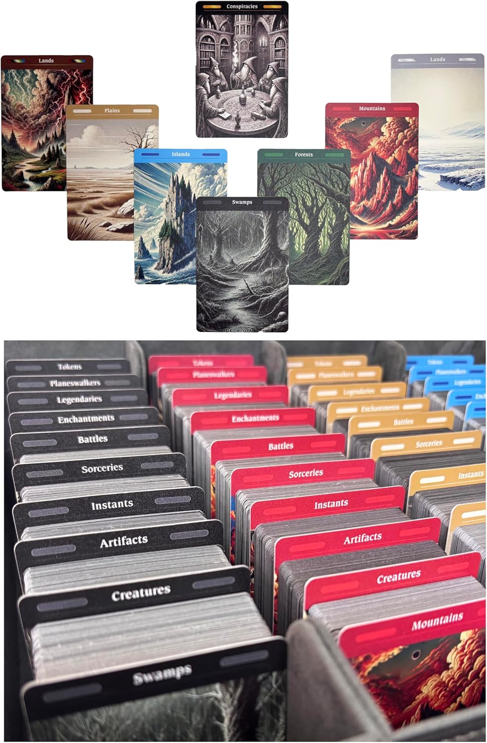 MTG Card Dividers - 77 Plastic Magic Dividers for Deck & Storage Box Organization. Unique Artwork, Color & Type Organizers for Magic The Gathering Cards (2.6 x 3.8 Inches)