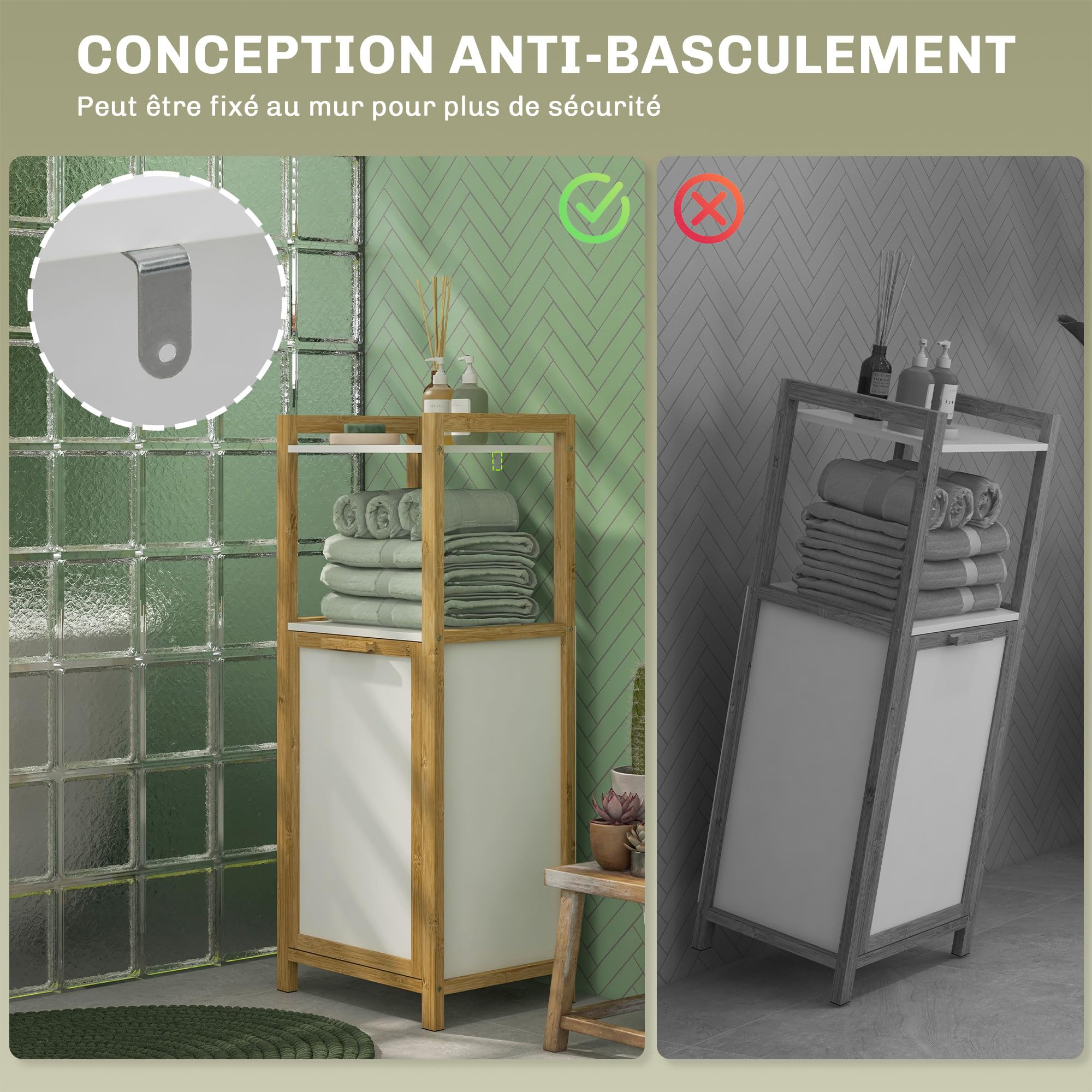 HOMCOM Standschrank aus Bambus mit Wäschekorb, 40 x 30 x 86,5 cm