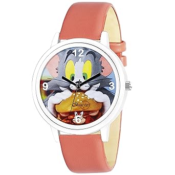 New Tom and Jerry Carton Design Dial and Orange Leather Belt Look Watch Kid's Watch