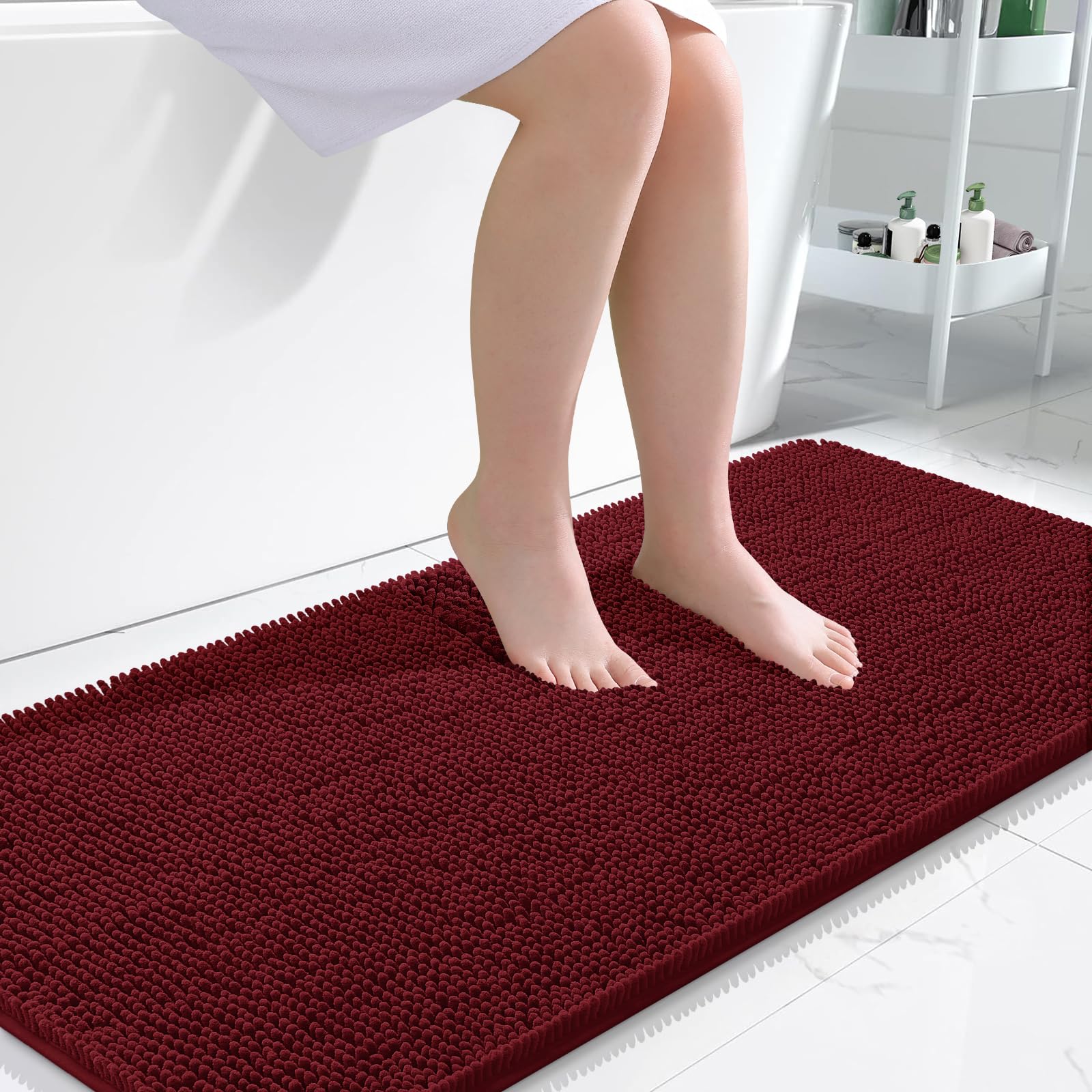 OLANLY Bathroom Runner Rugs 47x24, Extra Soft Absorbent Chenille Bath Rugs | Burgundy, Quick-Drying Rubber Backing, Washable Long Bath Mat for Bathroom Floor, Tub and Shower, Home Decor Accessories