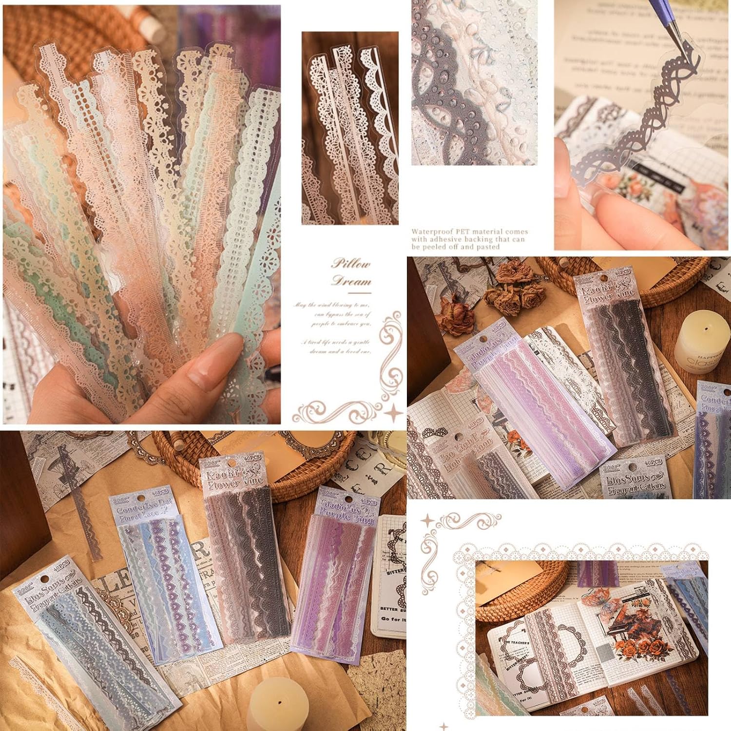 240PCS Lace Scrapbook Stickers, Vintage Transparent Aesthetic Stickers, Self Adhesive Lace Sticker for Junk Journal Scrapbooking Planner Photocards Gift Making Album Calendar DIY Decoration image 4