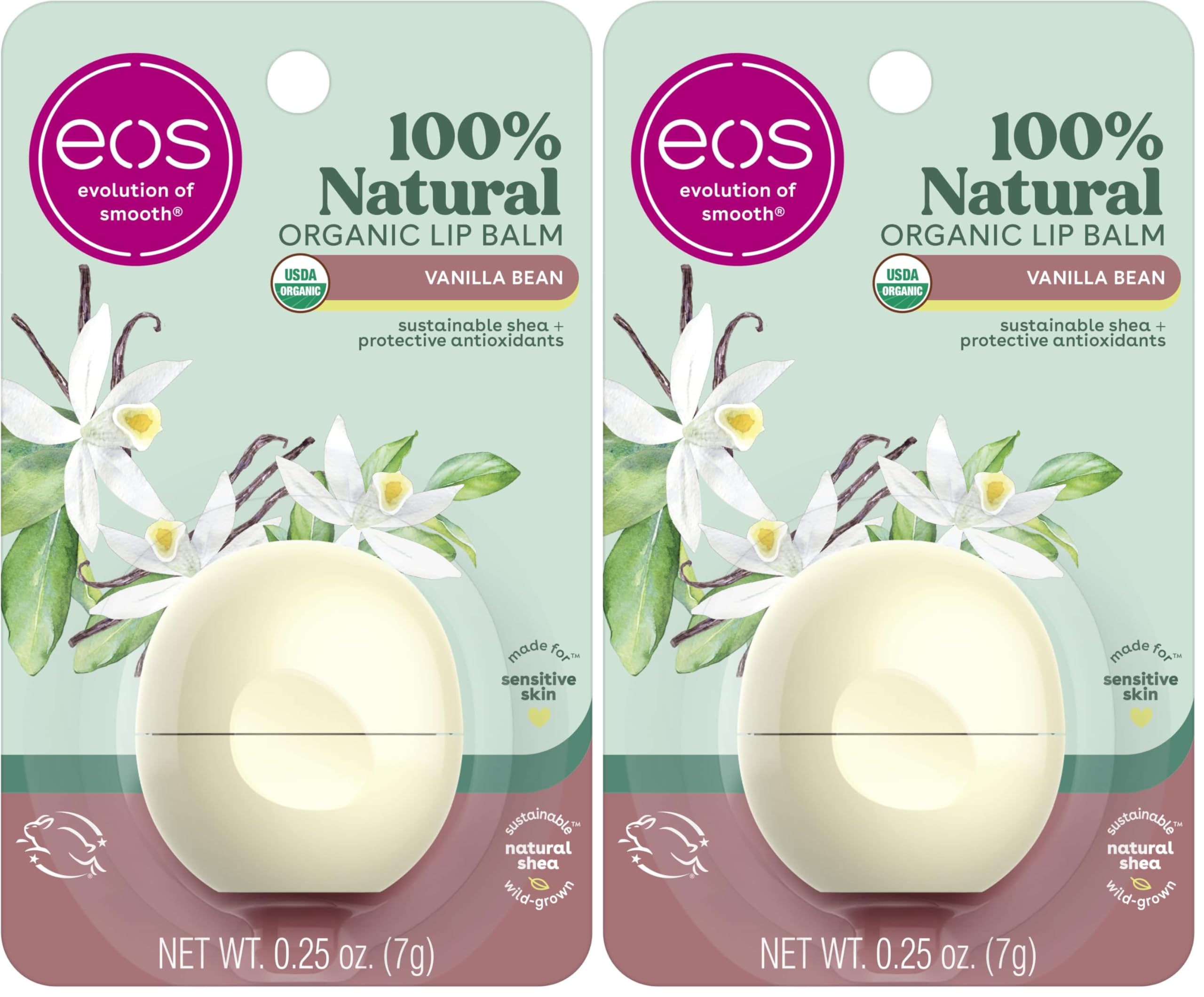100% Natural & Organic Lip Balm Sphere- Vanilla Bean, All-day Moisture, Dermatologist Recommended for Sensitive Skin, Lip Care Products, 0.25 oz (Pack of 2)