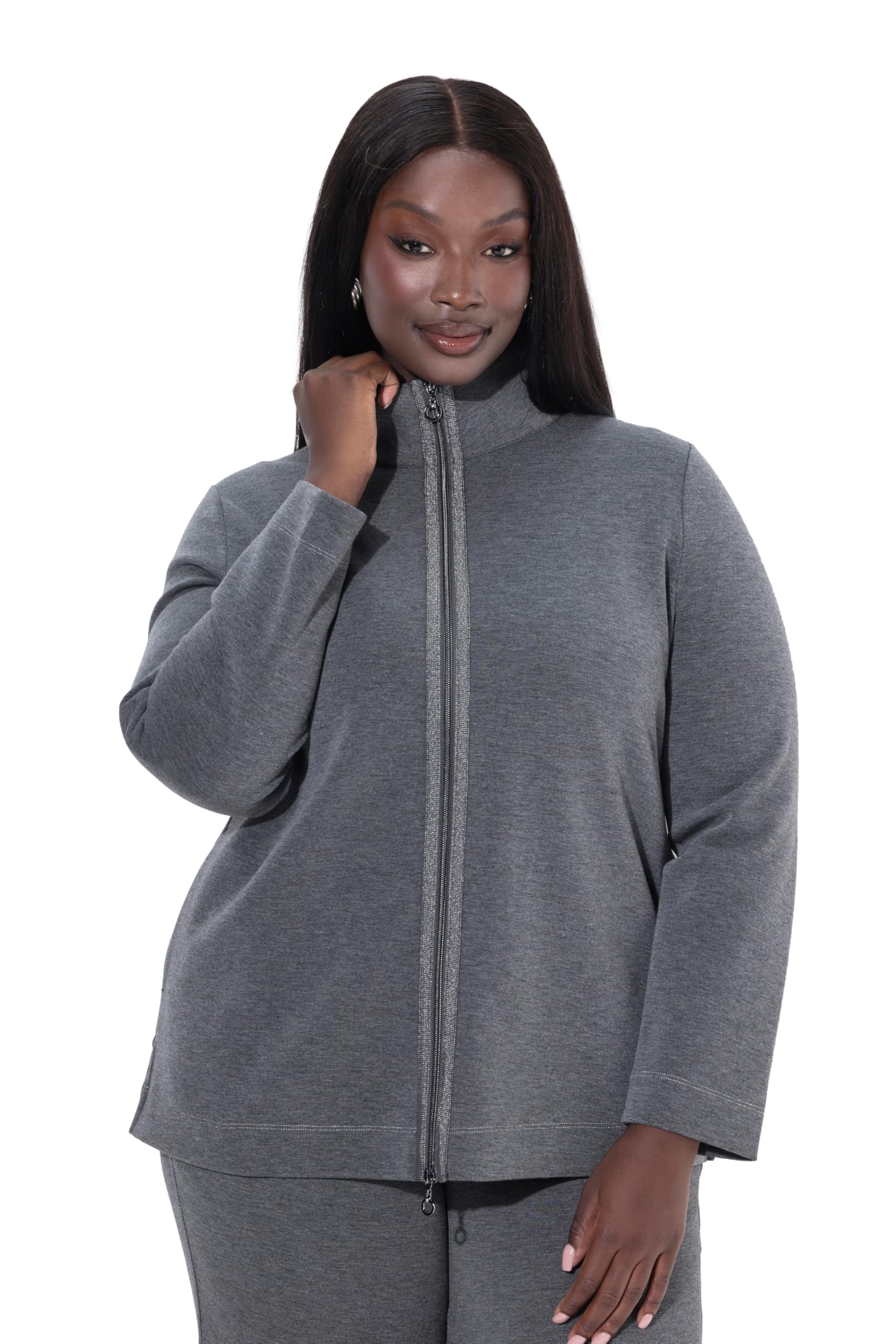 Ulla Popken Damen große Größen Übergrößen Plus Size Sweatjacke, Stehkragen, 2-Wege-Zipper, Glitzerband 841574