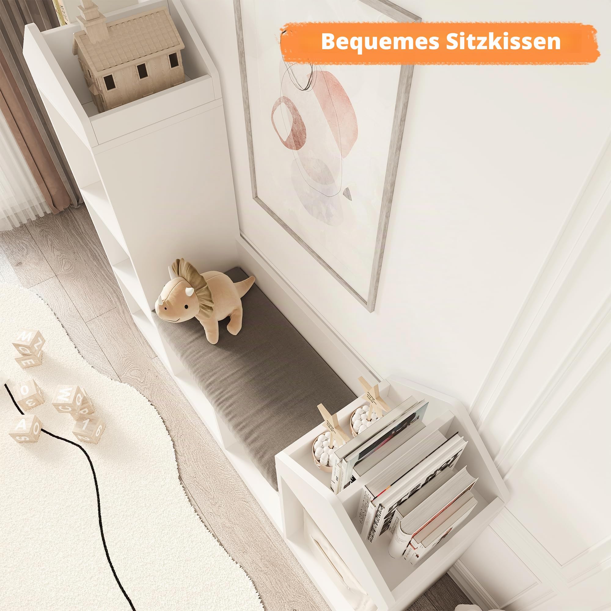 Praktisches Kinder Bücherregal mit 6 Fächern und Sitzkissen – | Holzregal zur Aufbewahrung von Büchern & Spielzeug – Sitzbank für Kinderzimmer und Spielzimmer – 121 x 30 x 108 cm