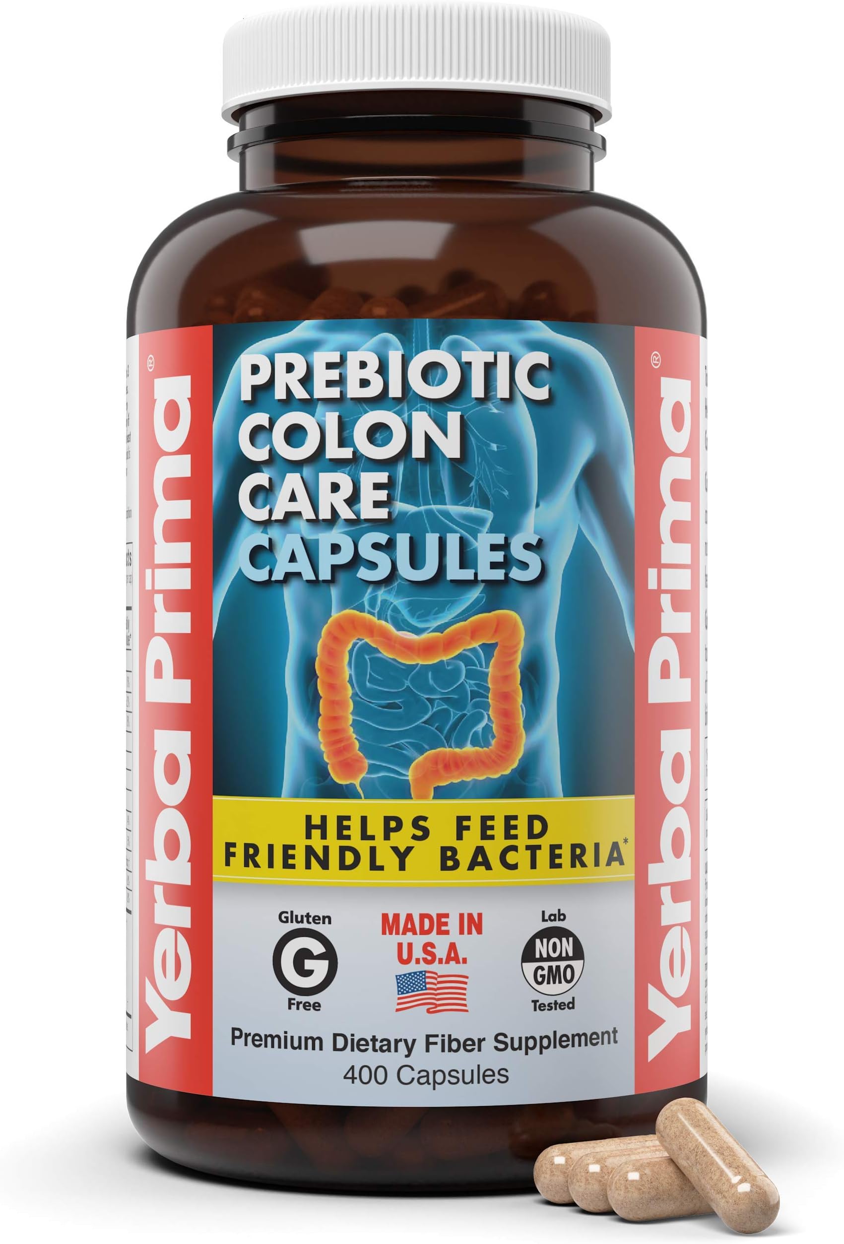 Prebiotic Colon Care Capsules, 400 Caps - Five Forms of Fiber Plus FOS Pre-biotics - Dietary Health Supplement - Healthy Soluble & Insoluble Fibers for Regularity & Digestive Support