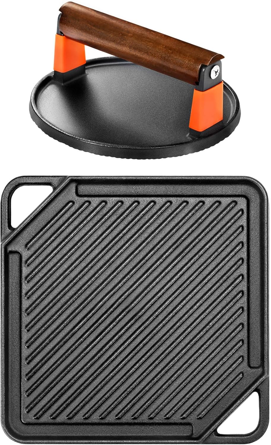 GGC 10" x 10" Reversible Cast Iron Griddle and 7" Round Cast Iron Burger Press for Stove Tops and Gas Grills, Grill Accessories for Bacon, Hamburger, Roast Meat Family Barbecue Outdoors Cooking
