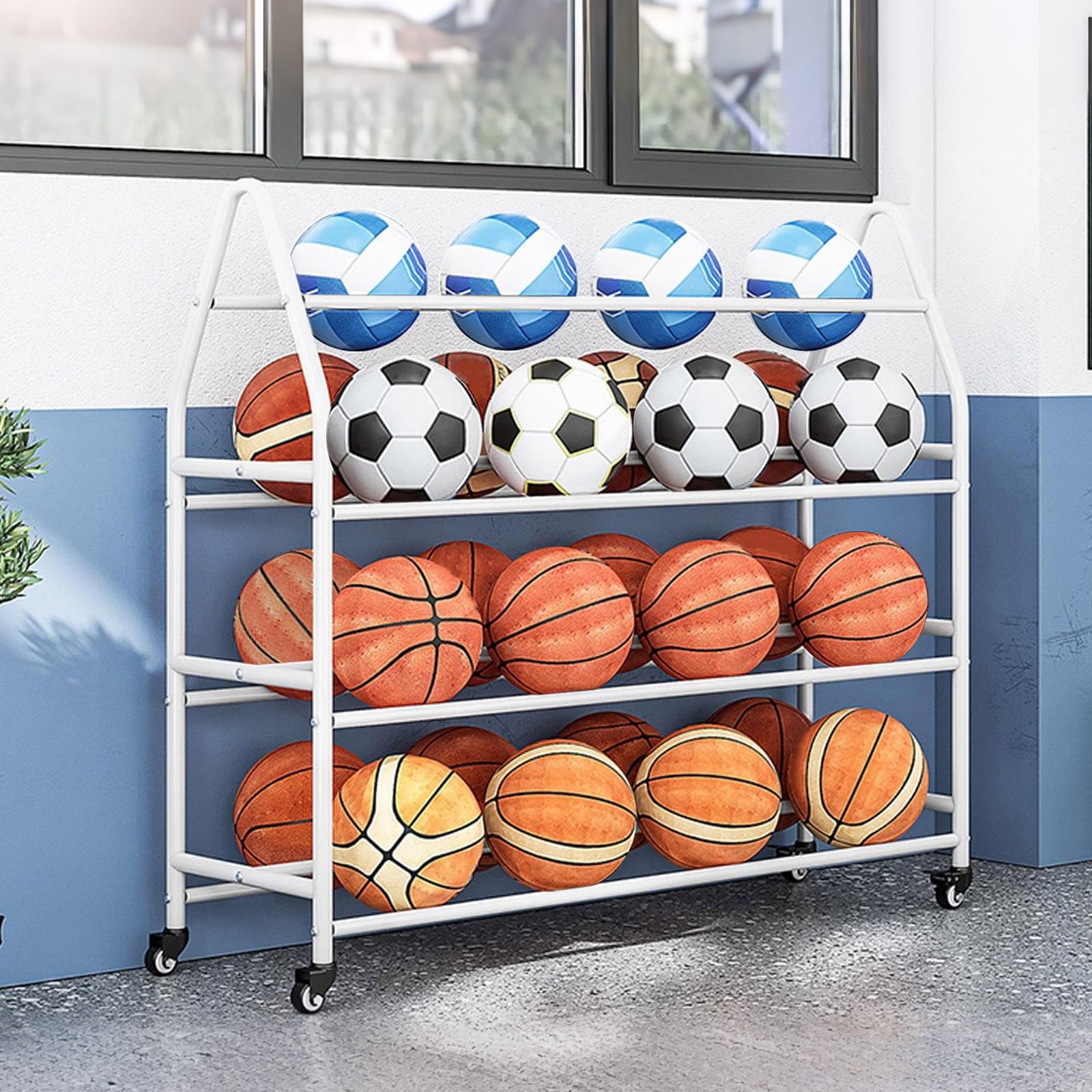 Estante de baloncesto para almacenamiento de pelotas, soporte vertical para equipos deportivos de interior/exterior, adecuado para pelotas de baloncesto y otras pelotas