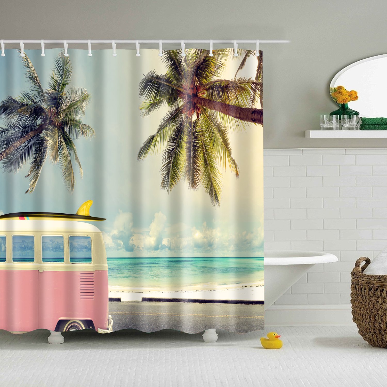 StoneMaxi Waterproof 180 x 180 Polyester Bathroom Shower Curtain Print Fabric With 12 Hooks, Multiple Designs Landscape with Anti-Mould Proof Resistant Machine Washable (Coconut Tree and Van)