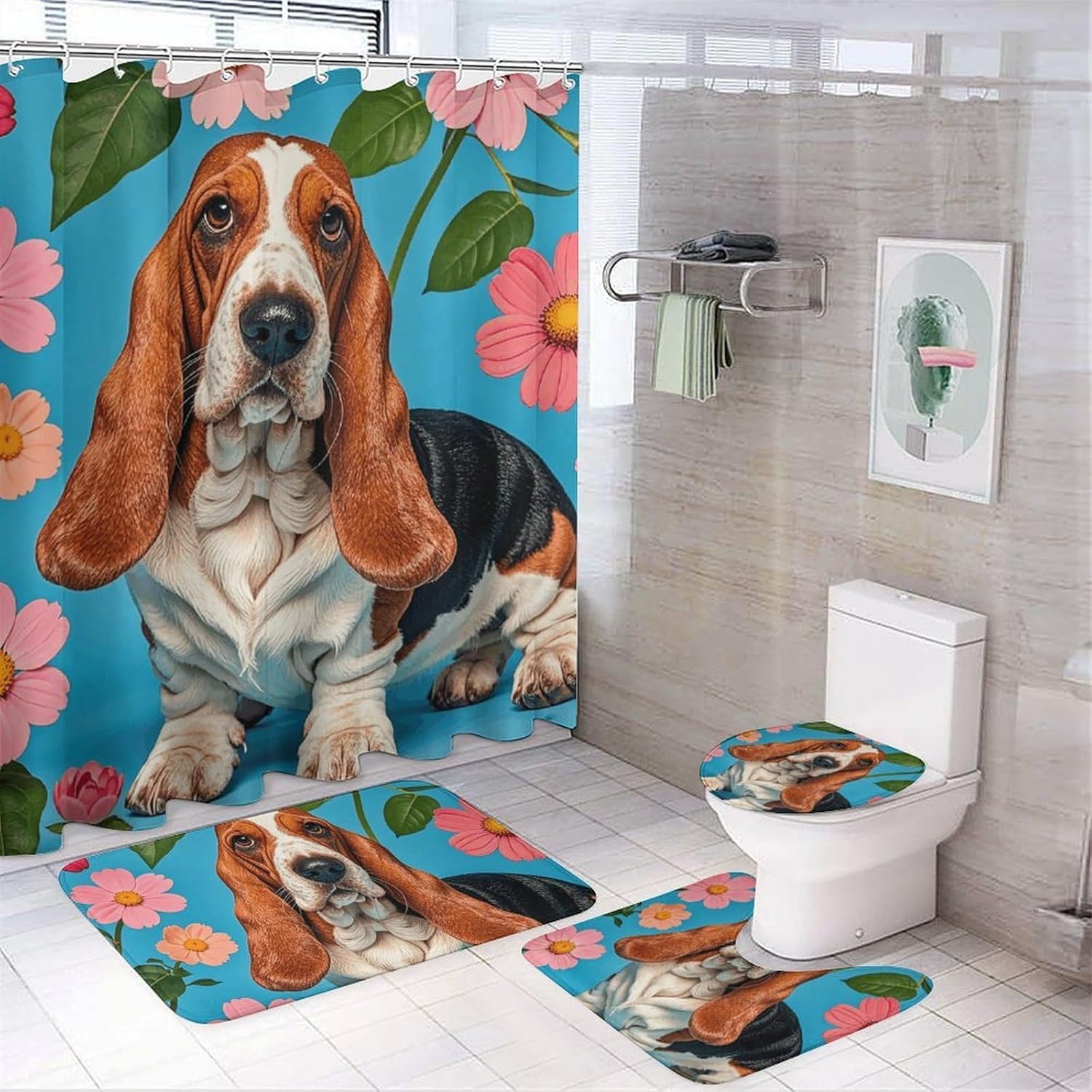 Sweet Basset Hound Florals Shower Curtain Set 4 Piece, Non-Slip Bath Mat with Toilet Lid Cover and Waterproof Shower Curtain with 12 Hooks, Complete Bathroom Set for Home Decor