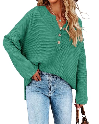 Saodimallsu Womens Oversized Sweaters Long Sleeve V Neck Knit Pullover | Batwing Long Sleeve, Oversized Sweaters, Loose Pullover, V Neck, Button Henley Tops, Winter Pullover, Knit Jumper