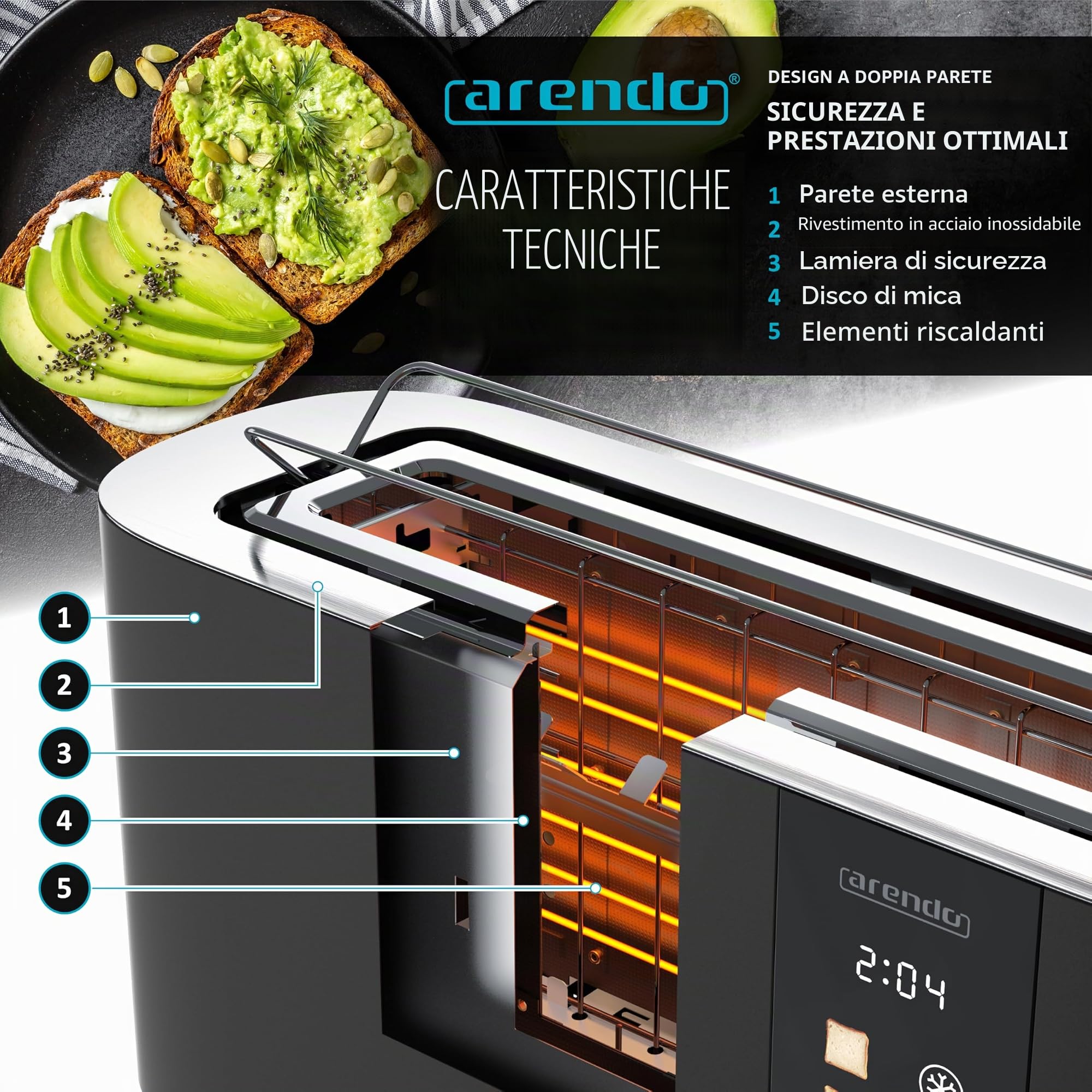 Arendo - Tostapane in acciaio inox con 2 fette a fessura lunga - touch screen - alloggiamento a doppia parete - supporto per panini integrato - 6 gradi di doratura - centraggio del pane