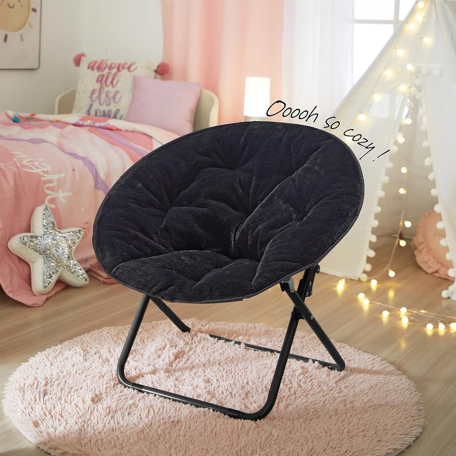 Heritage Kids Folding Faux Fur Saucer Chair 23 Inch Comfortable Plush Lounge Seating Soft Lightweight Portable Children Bedroom Playroom Modern Home Furniture Black