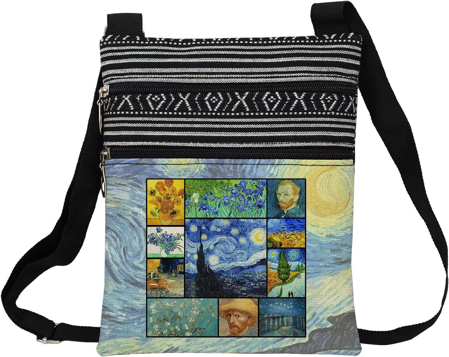 Van Gogh Art Collection Messenger Bag Small Ethnic Pattern Adjustable Strap Crossbody Zipper Pouch Starry Night Phone Organizer Wallet Aesthetic Shoulder Handbag for Women Friends