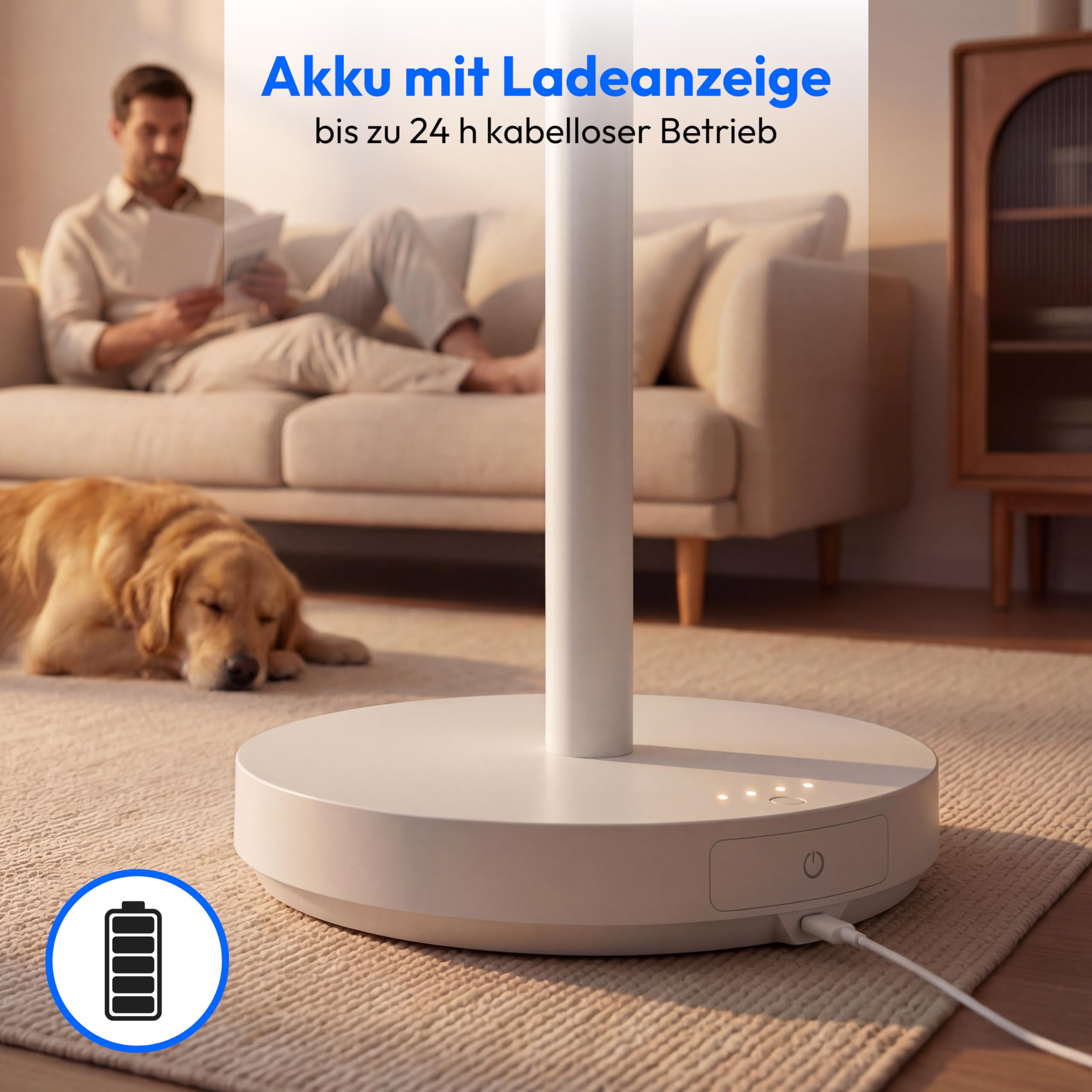 MEDION Standventilator mit Akku P25 SF - Ventilator groß, Fernbedienung, 26dB sehr leise, kabelloser Betrieb, flexibel einsetzbar, höhenverstellbar, 10 Stufen, 24 Watt, 350° Oszillation, Nachtlicht