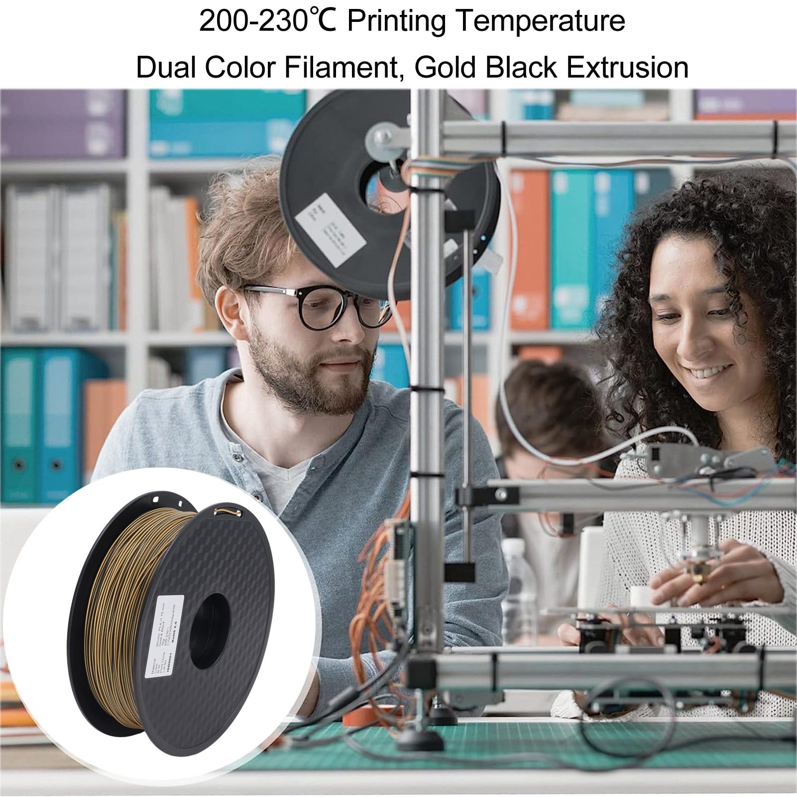 Filament do drukarek 3D Złoty Czarny Dwukolorowy wytłaczany PLA Materiały eksploatacyjne do druku jedwabiu Wysoki połysk Przyciągające wzrok kolory do projektów drukowania 3D