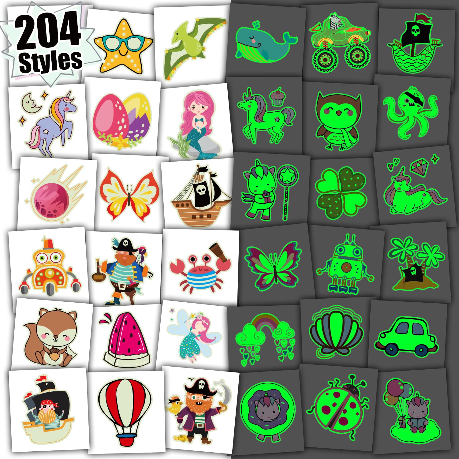 Partywind 204 Styles Luminous Kids Temporary Tattoos, Glow Party Supplies Favors for Kids Goodie Bag Stuffers, Fun Birthday Party Decorations for Boys