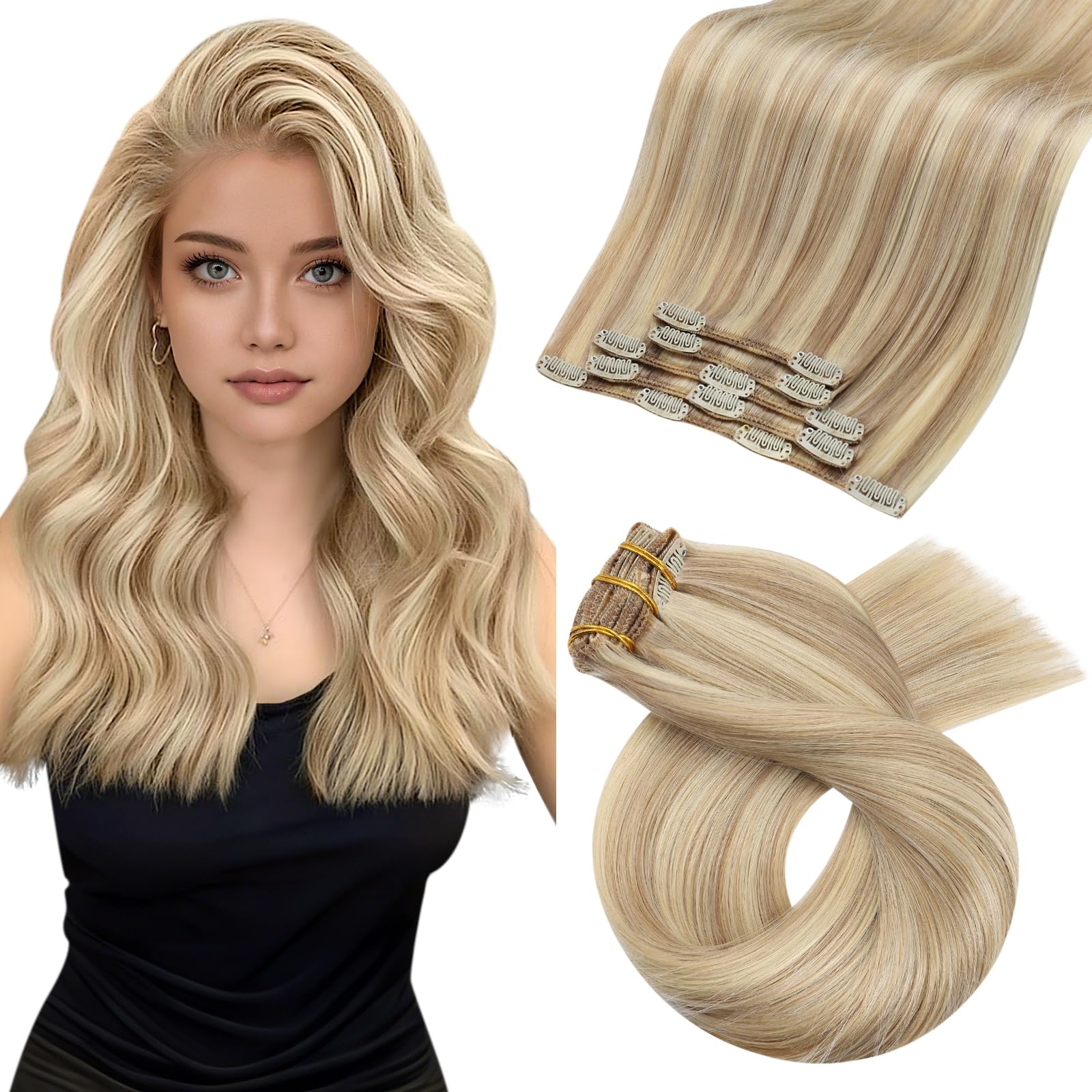 Moresoo Clip in Hair Extensions Real Human Hair 20 Inch Dark Honey Blonde with Medium Blonde Human Hair Clip in Extensions Real Remy Straight Hair for Adding Volume 5pcs/80G #16/22