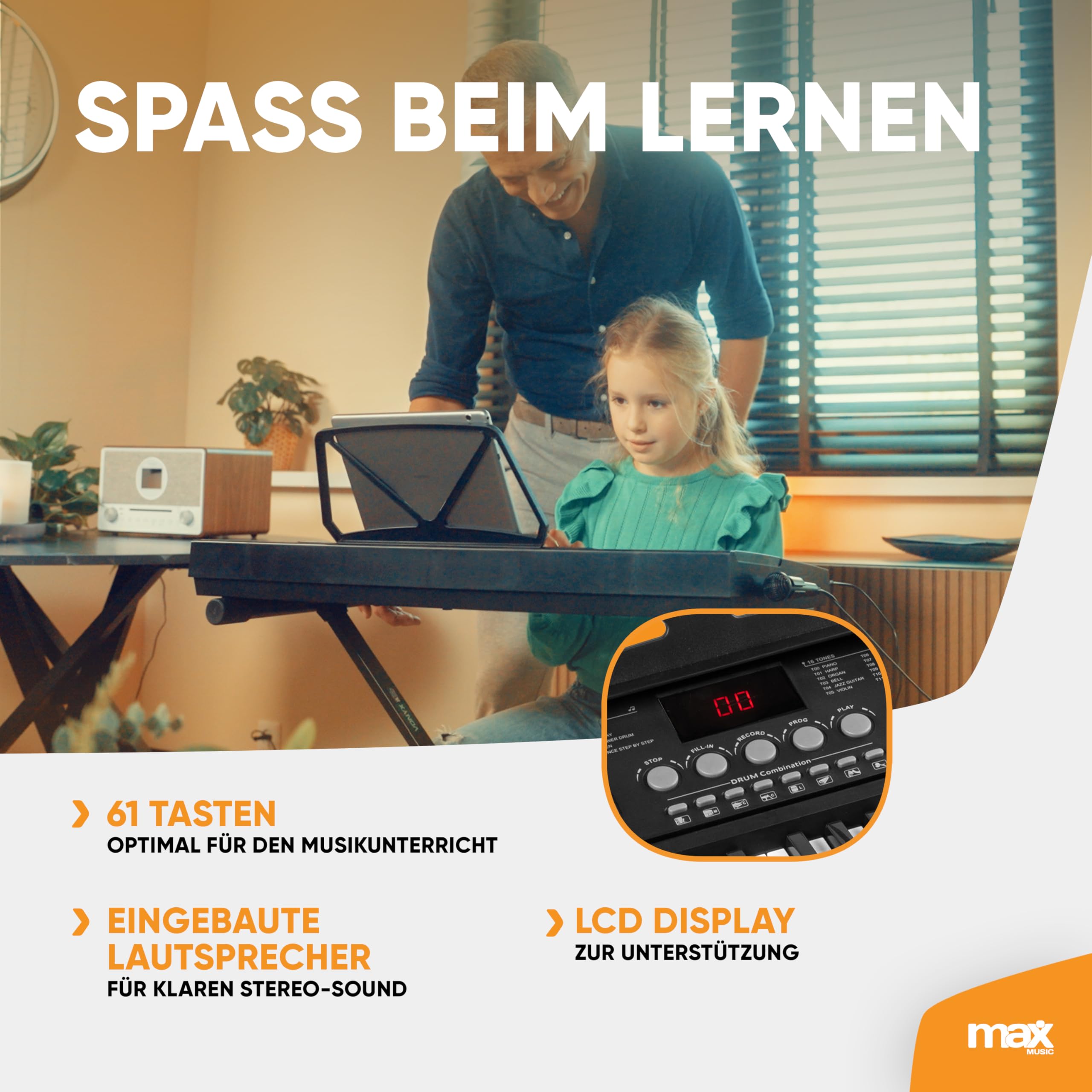 MAX KB15 - Keyboard Piano mit 61 Tasten, E Piano mit Mikrofon und Lautsprecher, LCD Display, 6 Demosongs, Klavier Keyboard für Anfänger, Lern-Funktion, 26 Klangarten, 8 Percussion, USB-C